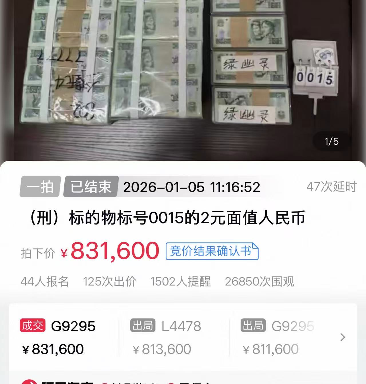 落马官员藏的万余张贰元纸钞拍出83万，收藏人士：4倍溢价不算高